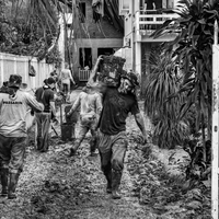 The force of water in a flooded city.