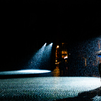 On stage in the rain